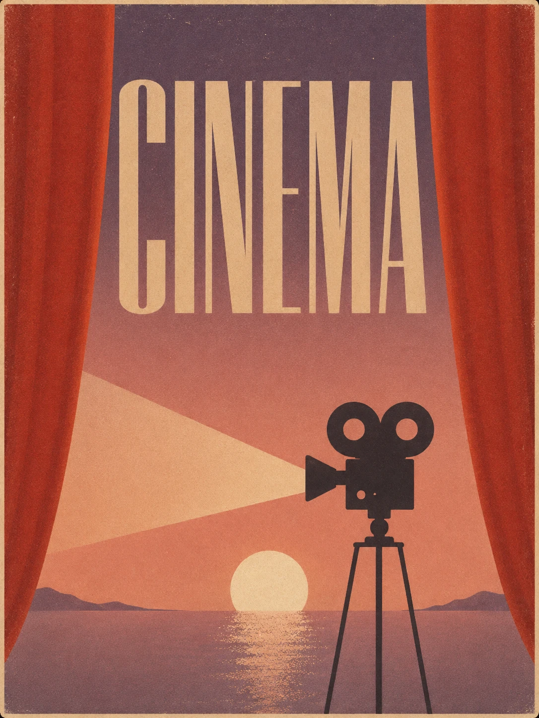 A retro cinema poster, projector against a sunset
