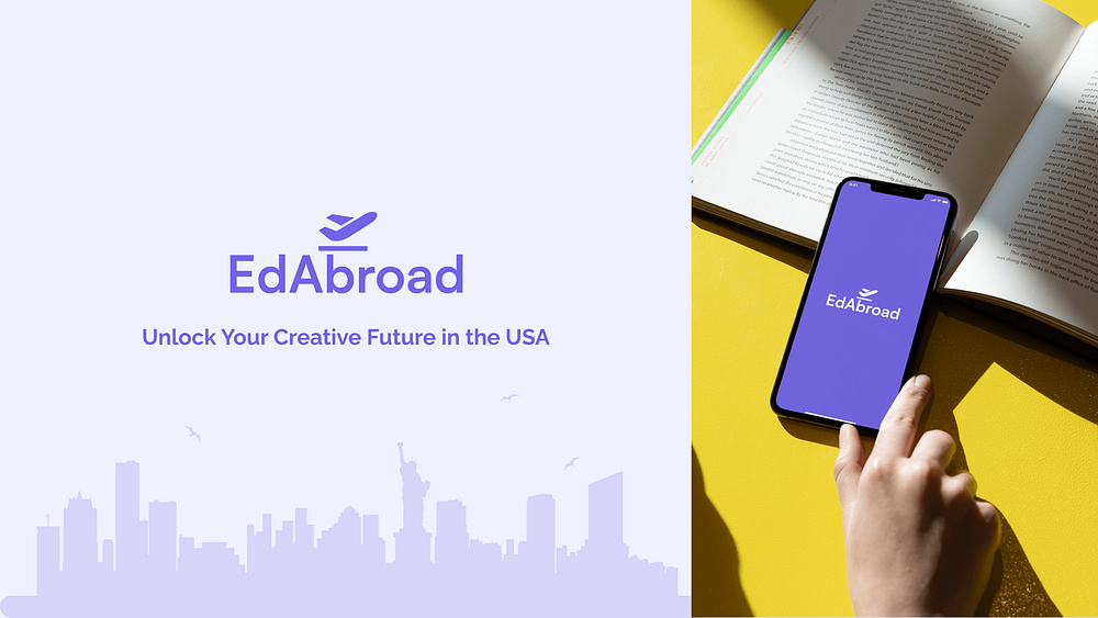 EdAbroad cover: the app logo and tagline, Unlock your creative future in the USA, beside a phone showing the app