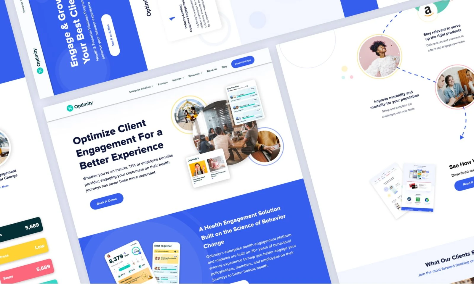 The Optimity website pages laid out at an angle