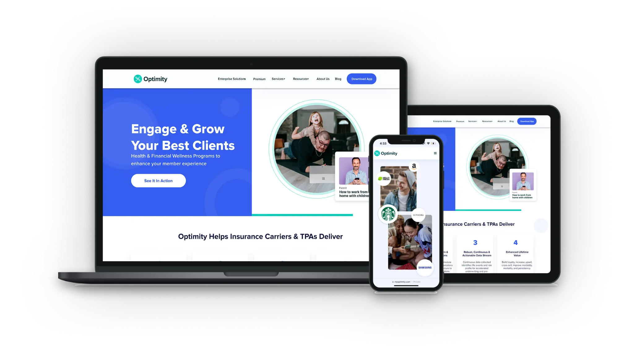 The Optimity website on a laptop, tablet and phone