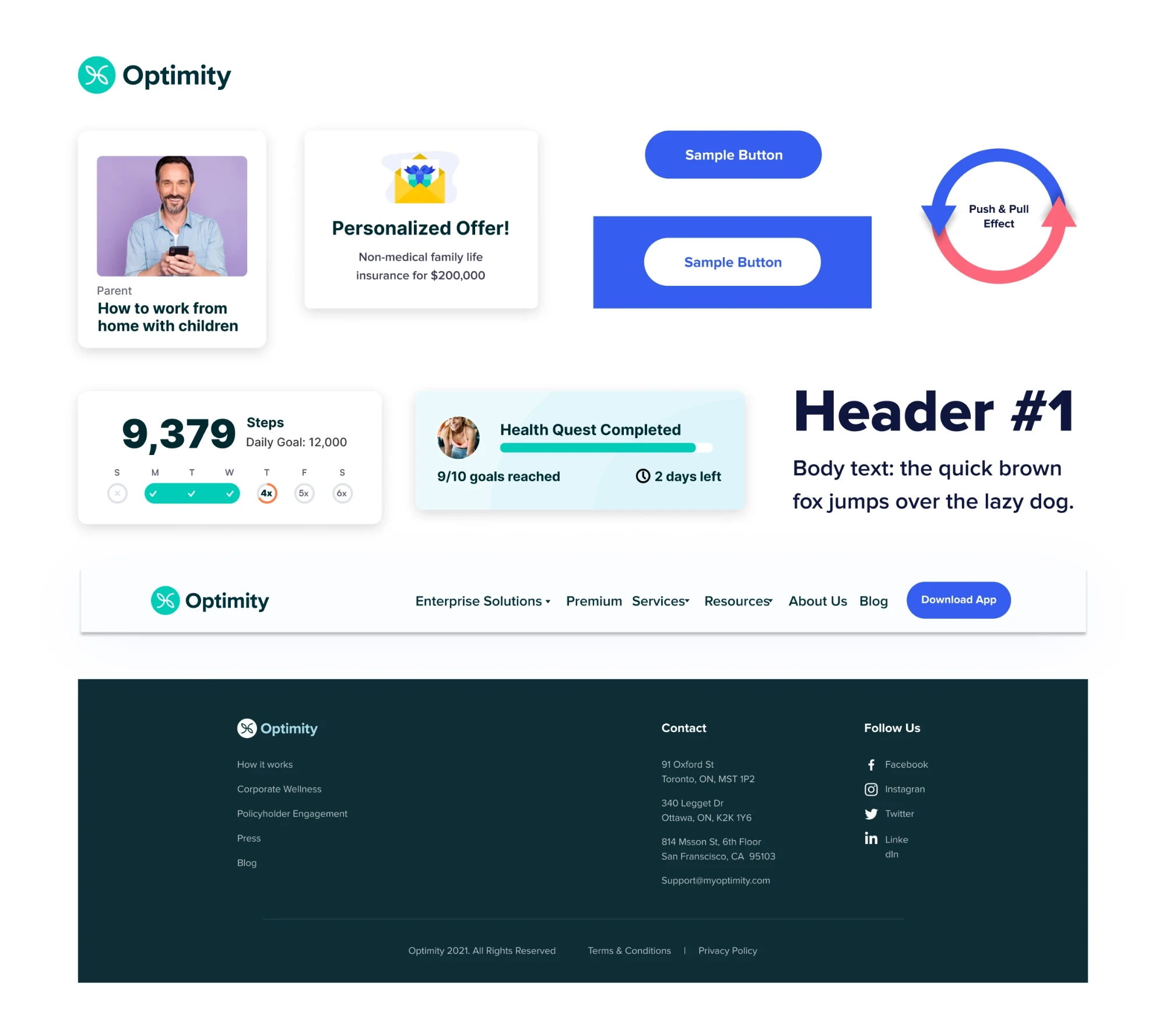 Optimity design system components: article and offer cards, primary and inverse buttons, a step counter card, a health quest progress card, heading and body type, the navigation bar and the footer.
