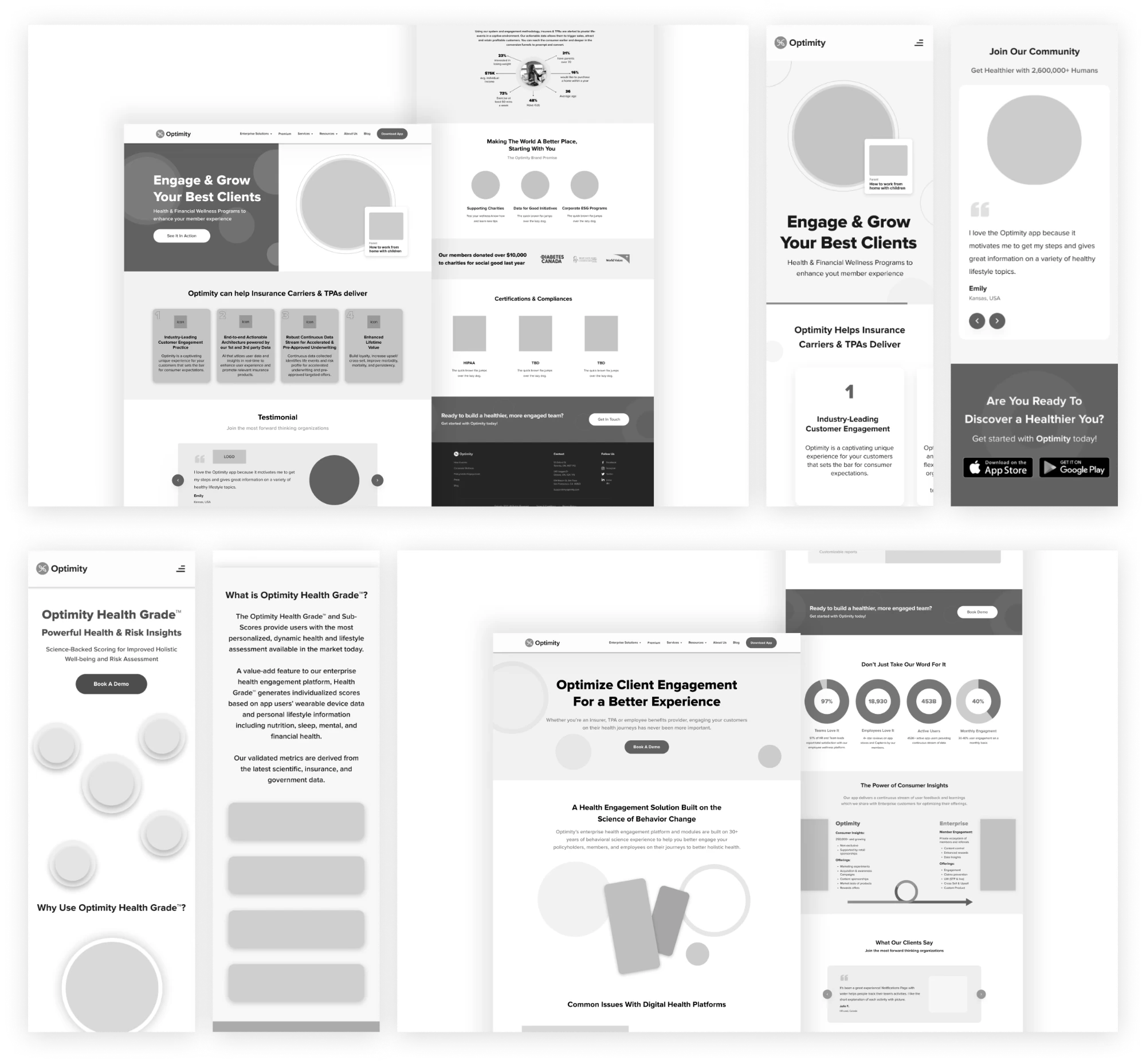 Greyscale desktop and mobile wireframes for the Optimity homepage, enterprise page and Health Grade page, showing hero sections, feature cards, statistics and testimonials.