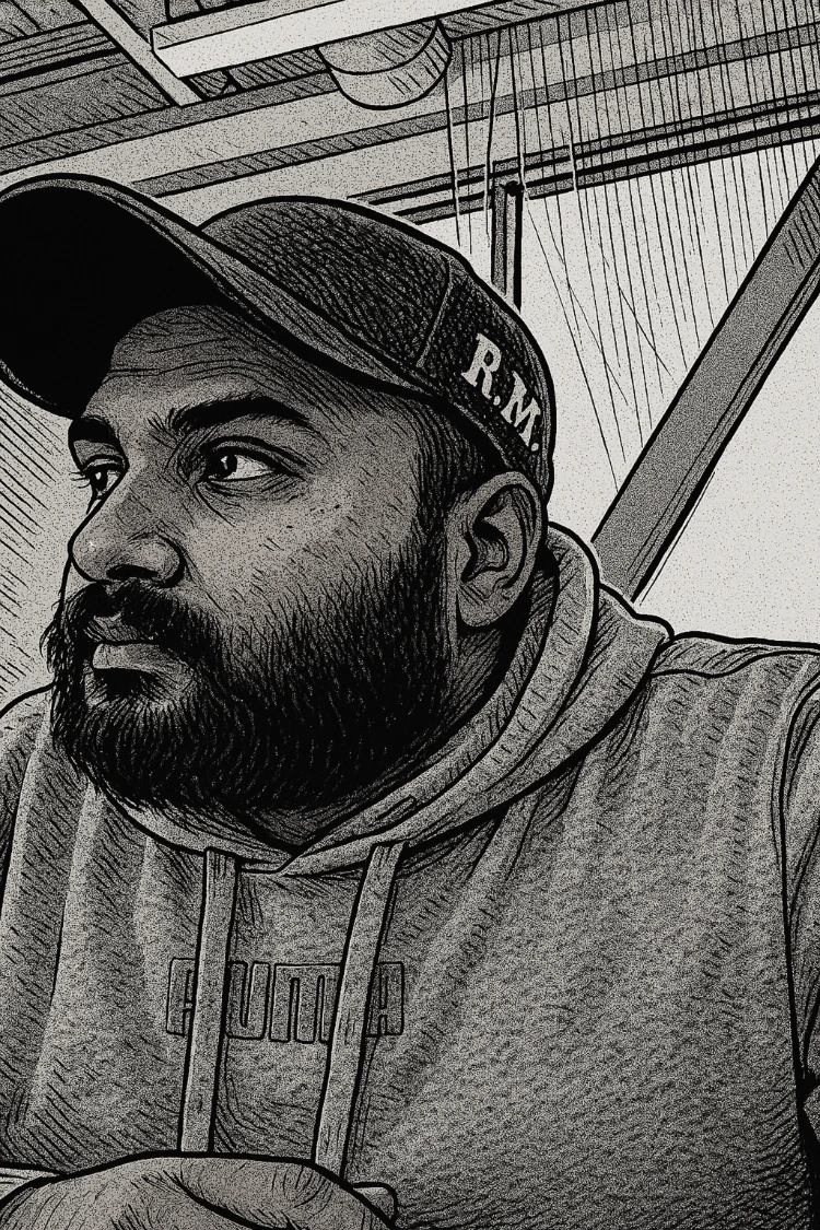 Mahesh in a cap and hoodie, looking off to one side, drawn as a line portrait